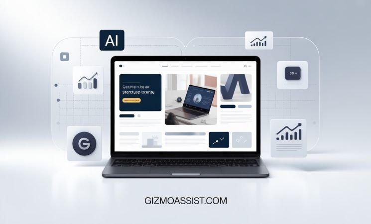 A laptop displaying a modern website interface, surrounded by floating digital icons and graphs, with “AI” and data analytics symbols, representing technology and business growth. Text at the bottom reads “GIZMOASSIST.COM.”.